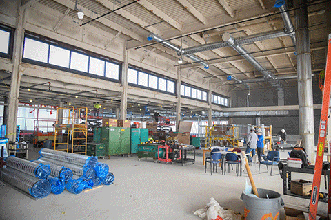 Construction materials are lined up along the interior second floor of Lavery Library.