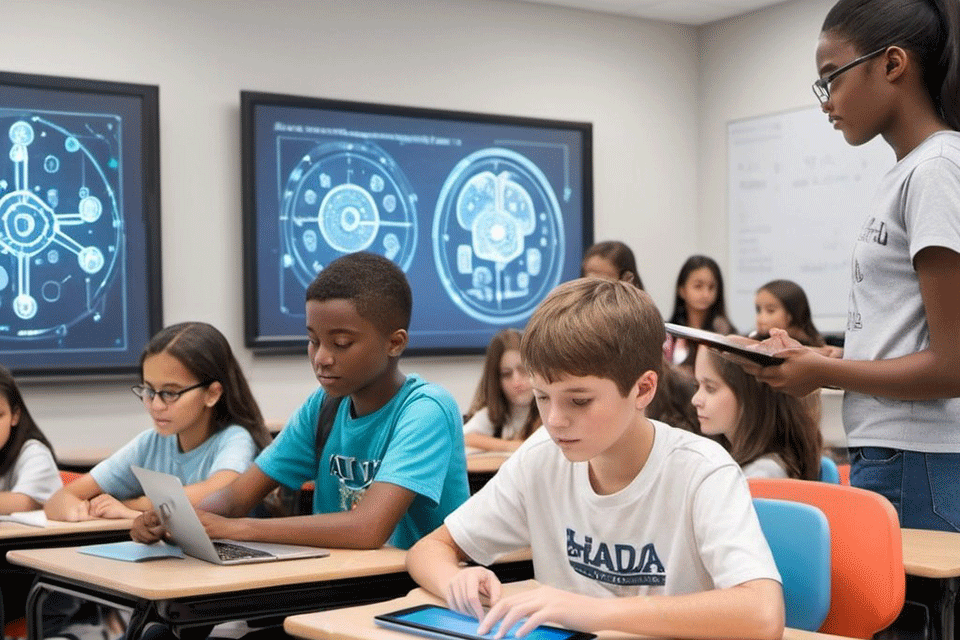 An AI-generated image of students using AI technology in a K-12 classroom.
