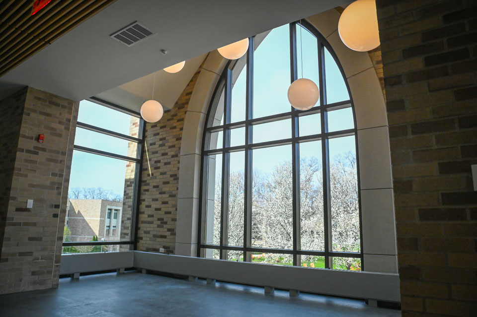 Windows at the newly renovated Lavery Library.