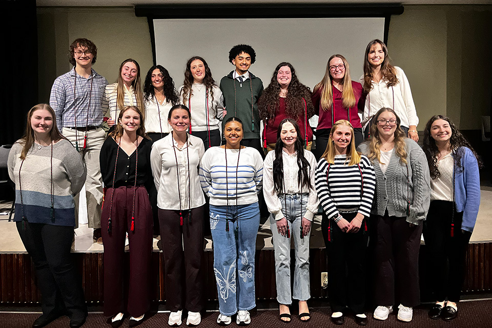 Graduating Senior TriBeta Members. Upper: Nick Karnyski (left); Victoria Slade; Raphaela Harrienger; Izabella LeGrett; Yeriel Rene Castro Aquino; Natalie Gantress; Calleigh Farley; and Reilly Morrow (right). Lower: Erin Anson (left); Katie Huber; Isabella Getter; Dayana Nicolle Gonzalez Rosario; Annaleise Douglas; Lillian Gottstine; Leigha Premo; and Sara M. Notaro (right).