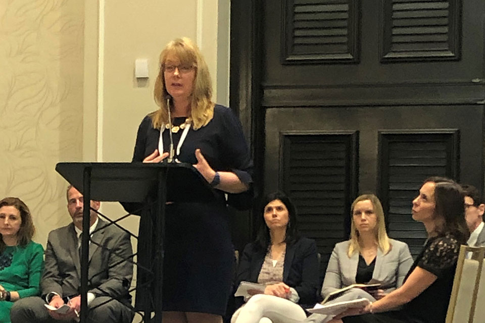 Lisa Phillips talks at the podium during a Academic Leadership Fellows Program debate.