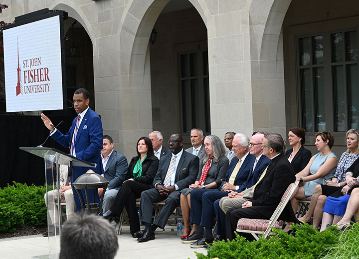 Rochester Mayor Malik Evans offered praise and congratulations to the Fisher community during the ceremony.