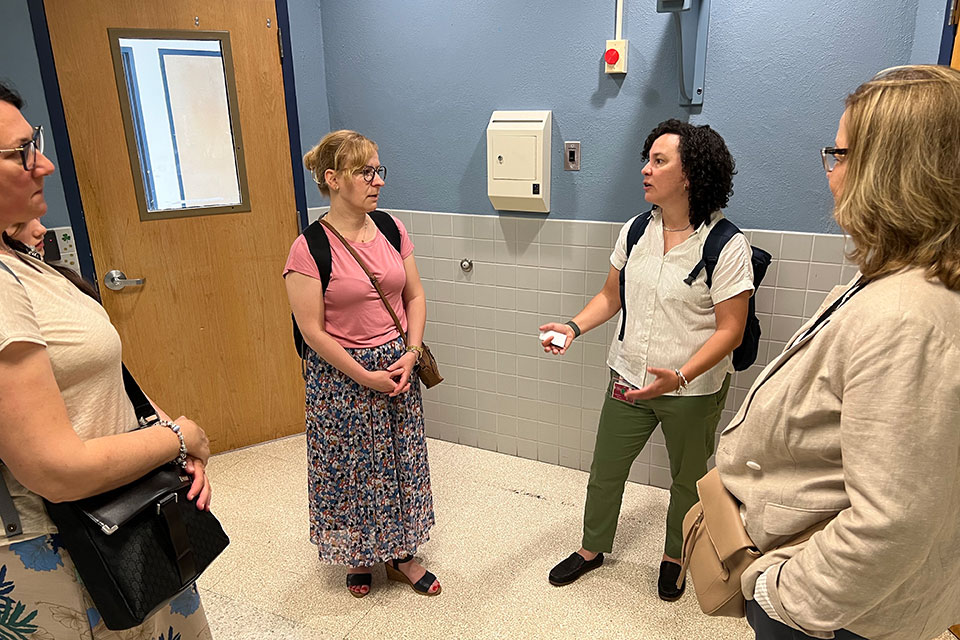 Dr. Holly Brown, associate director of the Golisano Institute, leads Dr. Beata Dobrowolska and Dr. Anna Pilewska-Kozak on a tour of Creekside School, a collaborative program by Hillside and Monroe No. 1 BOCES.