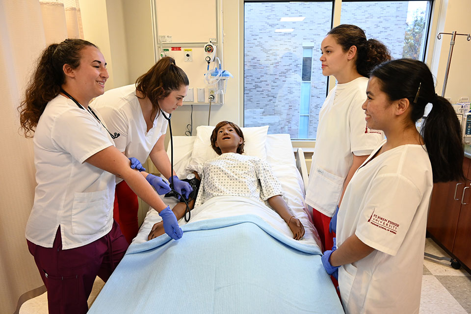 Nursing students train on mannequins in the School's teaching lab.