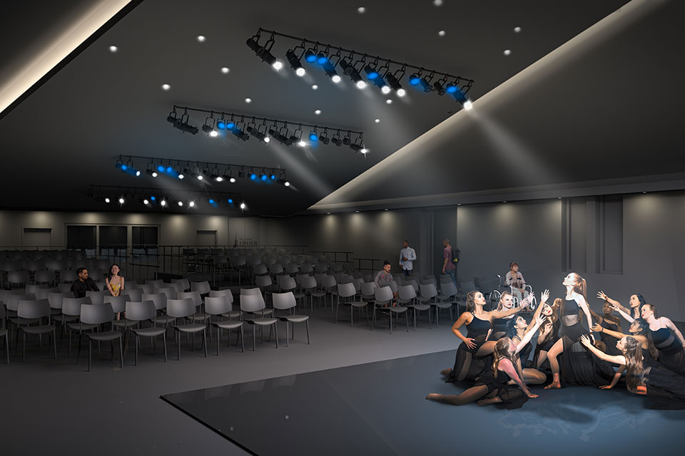 A rendering of Fisher's new Blackbox Theater in Murphy Hall.