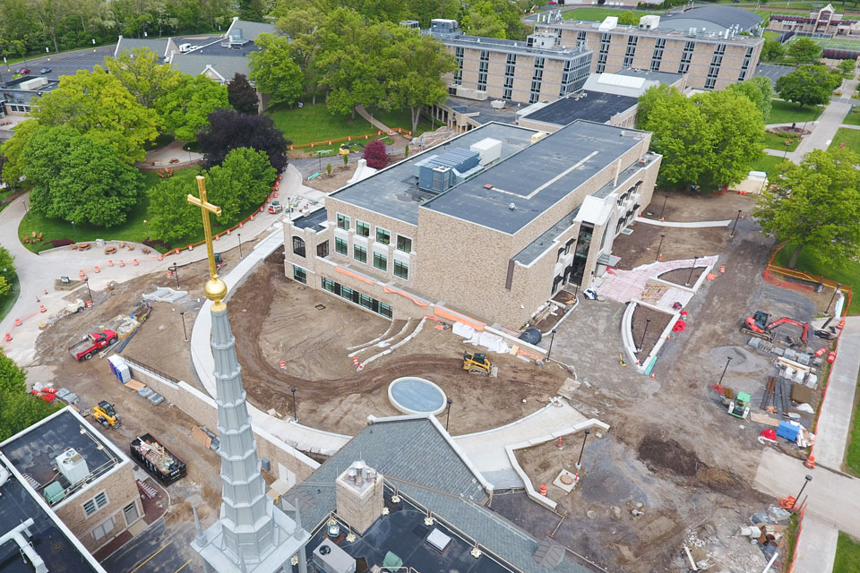 An aerial view of the construction site at Lavery Library.