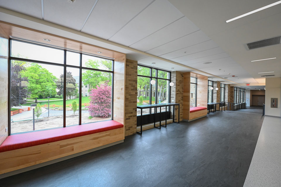 Lavery Library's new walkway features desks and benches.