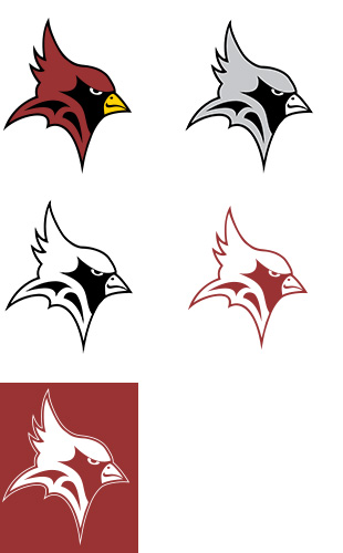 Examples of correct cardinal head usage (full color, gray scale, black and white, red outline, and white outline on red background)