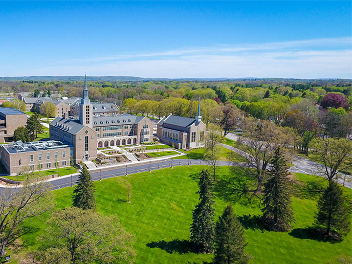 An aerial view of Fisher's Campus and green space.