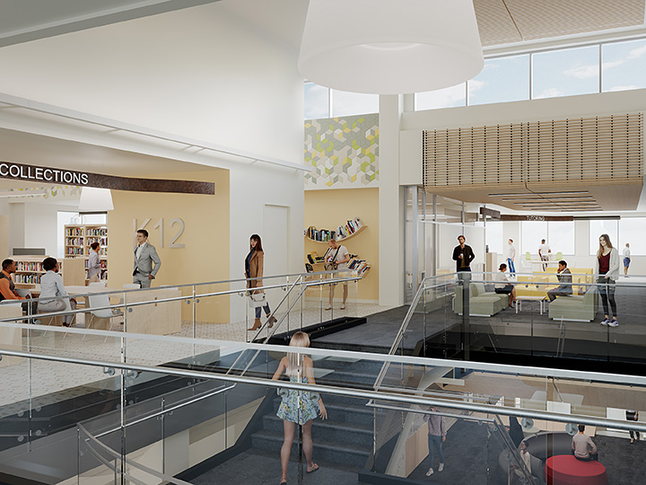 Renderings of a new building interior with people walking through library spaces.