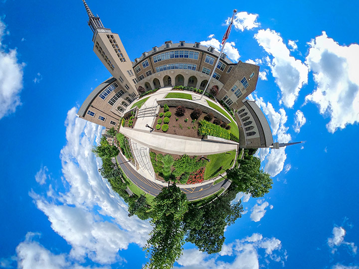 A aerial circular view of Keaney Hall.