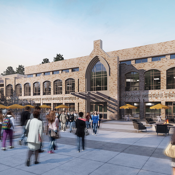 Renderings of a new library surrounded by people, tables with umbrellas, and pavement.