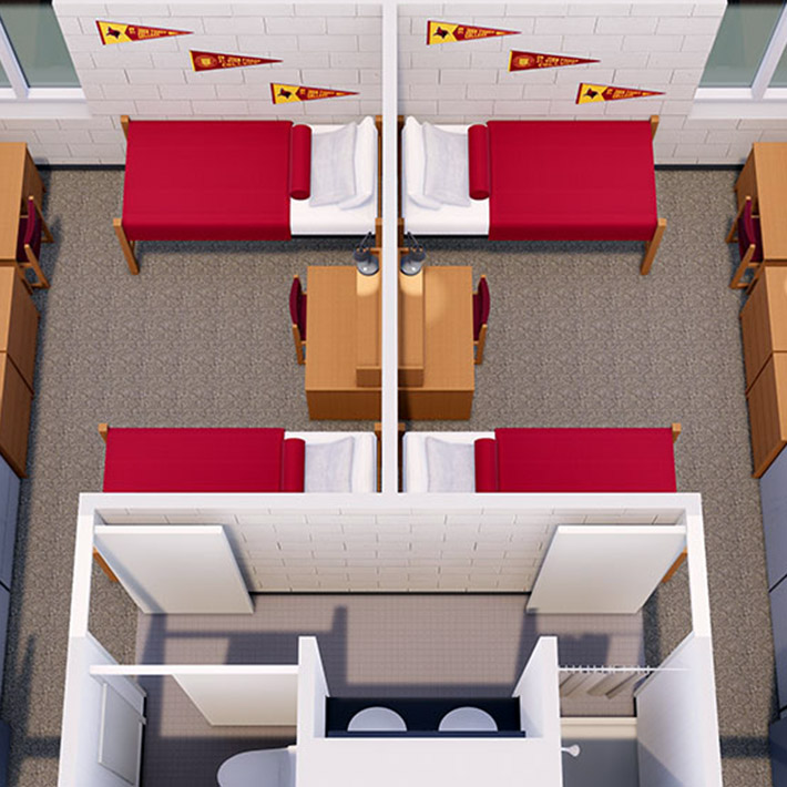 Interior illustration of double rooms in Ward and Haffey Halls.