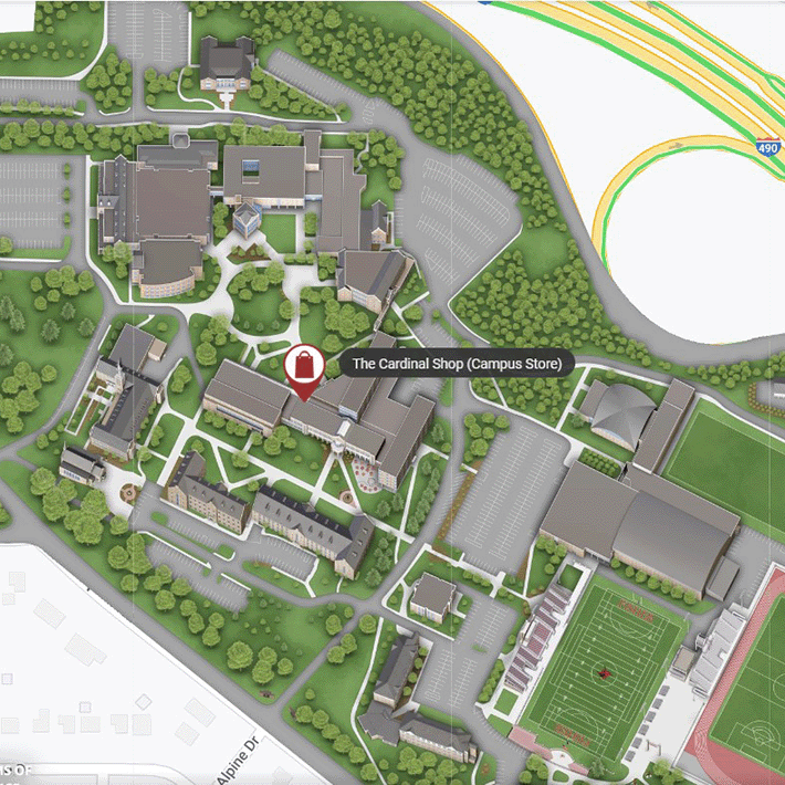 Campus map featuring Cardinal Shop.