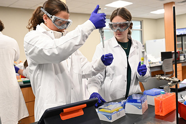 Students mix chemicals in a laboratory.