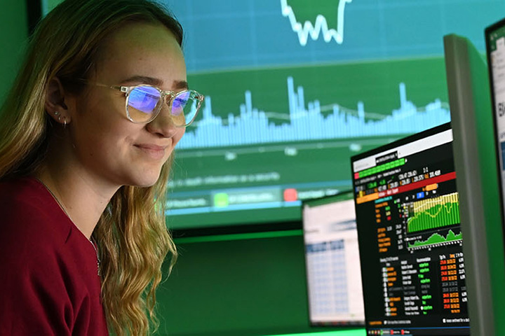 Business student in the trading lab.
