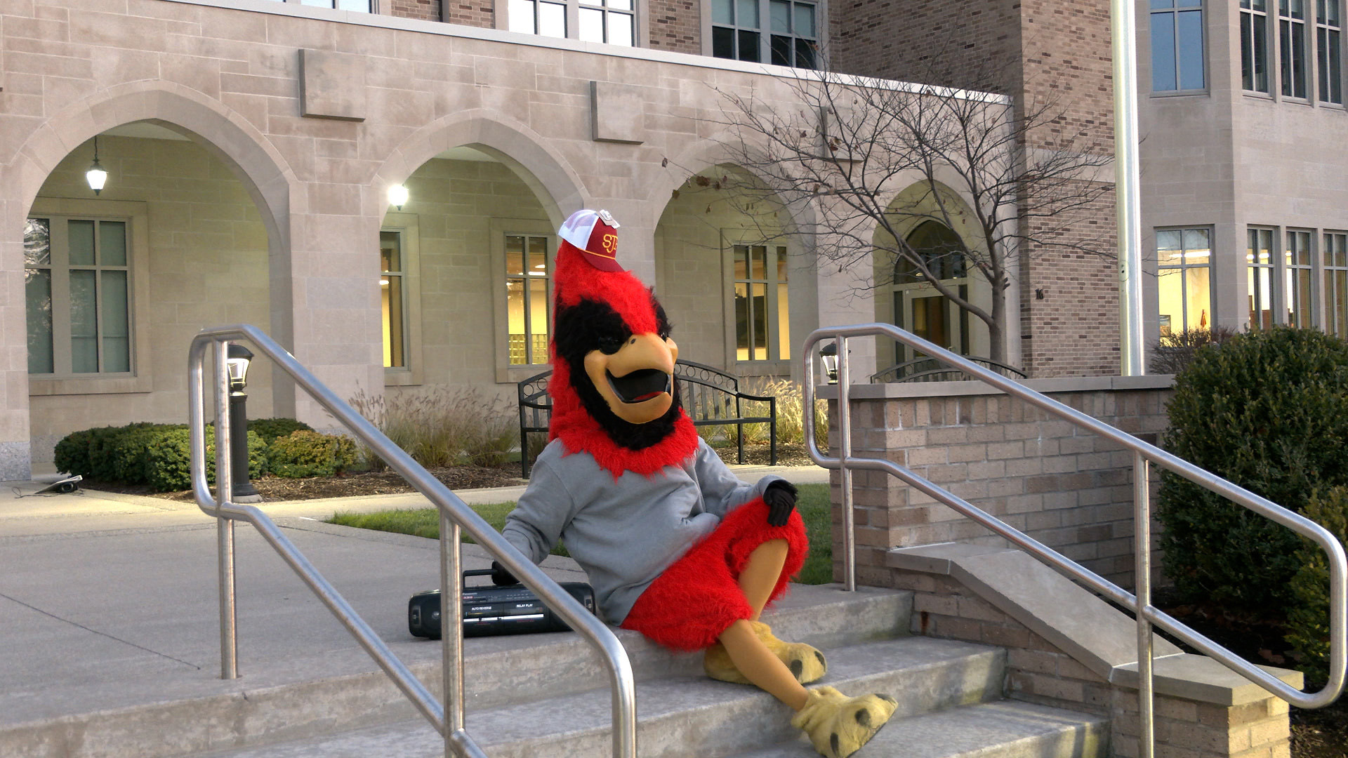 Beaks mascot sitting on the steps of Kearney Hall.