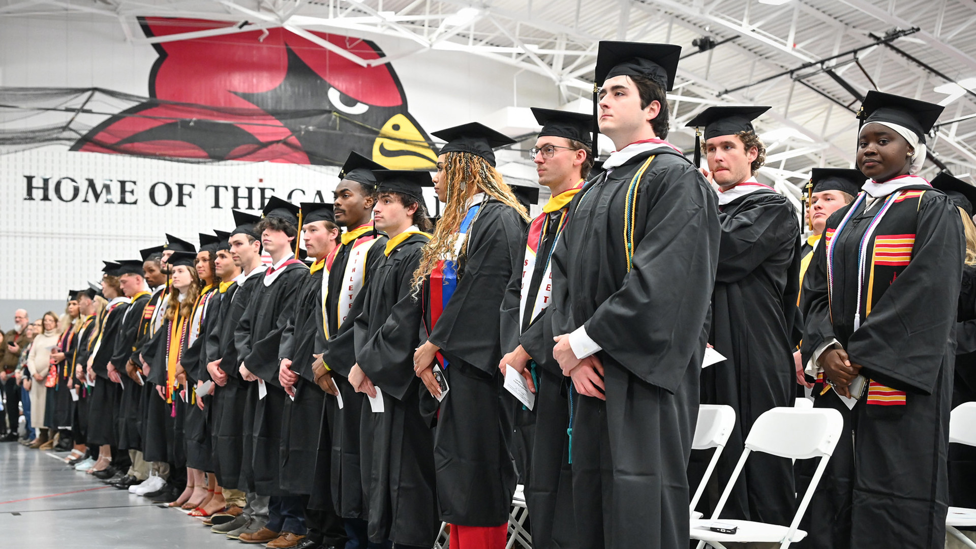 Students in commencement regalia with the cardinal head and Home of the Cardinals backdrop.