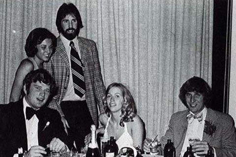 Five students together dressed for a formal dance in 1975