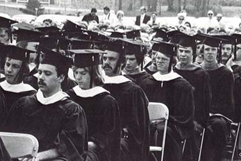 Black and white photo of the Class of 1975 graduation ceremony