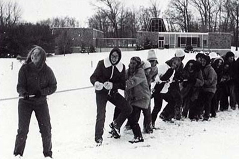 Students playing tug-of-war in 1975