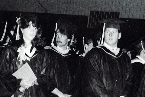 1985 students in caps and gowns at Commencement