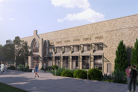 Renderings of a new building surrounded by grass, small trees, and pavement.