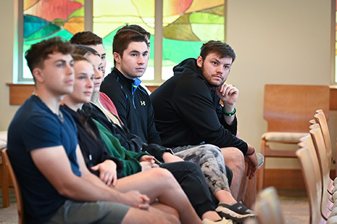 Students listen to a lecture in the Hermance Family Chapel of St. Basil the Great.