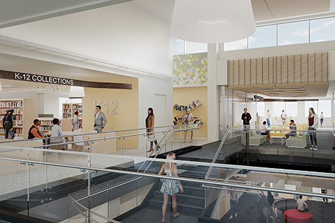 Renderings of a new building interior with people walking through library spaces.