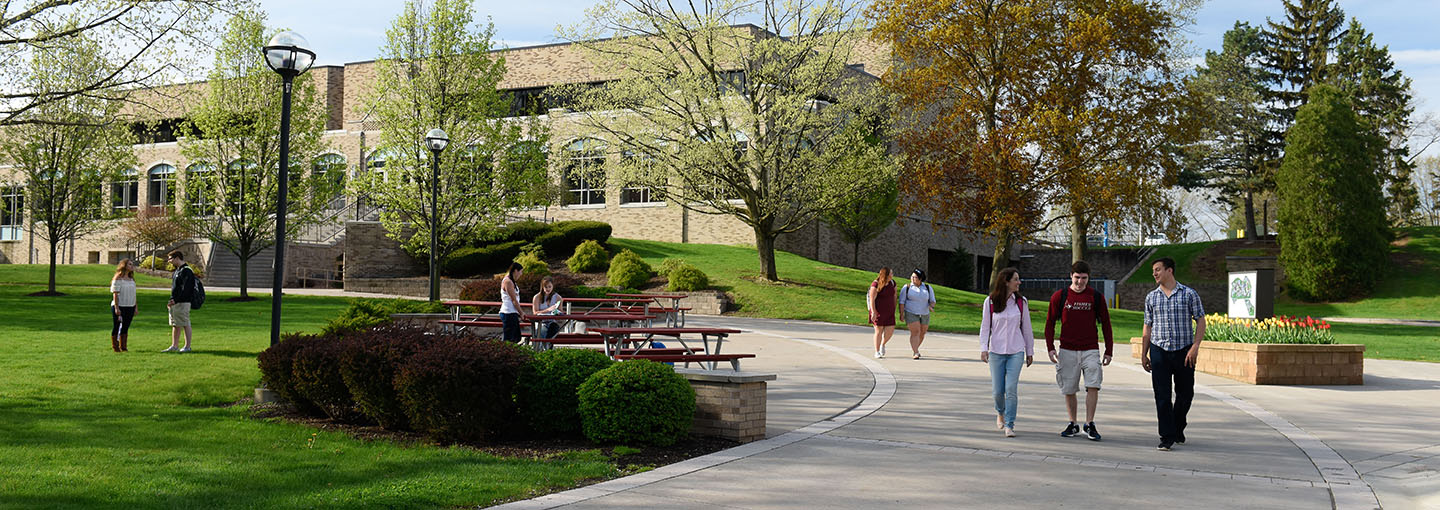 Students walking along LeChase Commons.