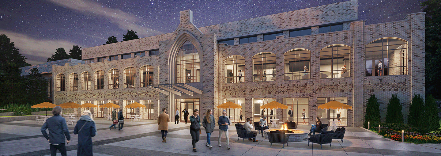 Renderings of a new library at night surrounded by people, tables with umbrellas, and pavement.