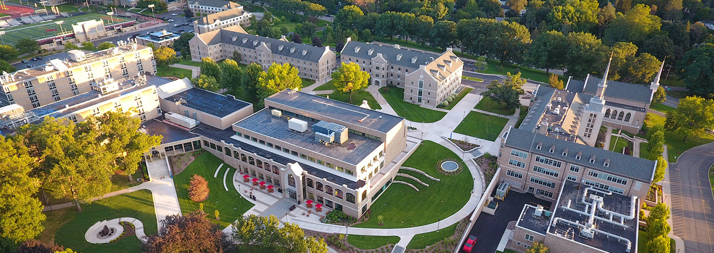 Aerial view of St. John Fisher University campus with iconic Lavery Library central.