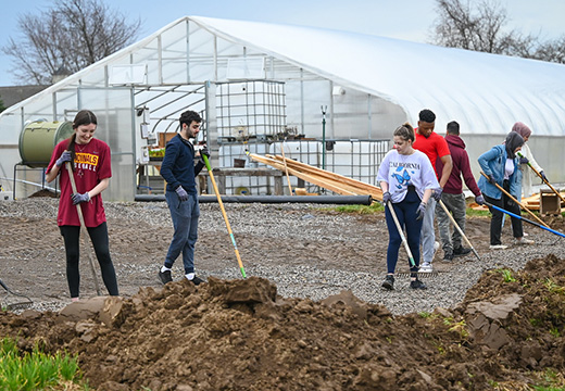 A student works in a community garden as part of a community-engaged learning course.