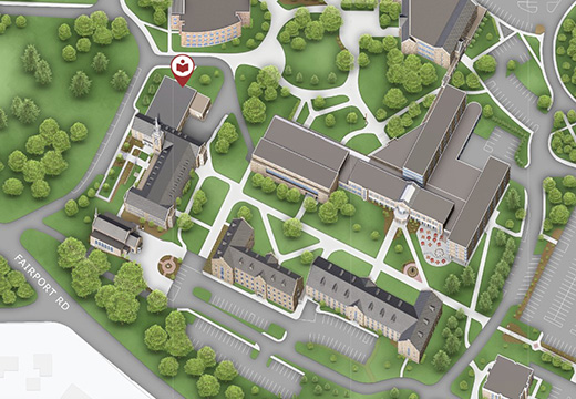 Campus map with location pin for Lavery Library Under the Steeple.