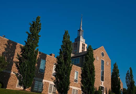 Kearney Hall steeple at an angle.