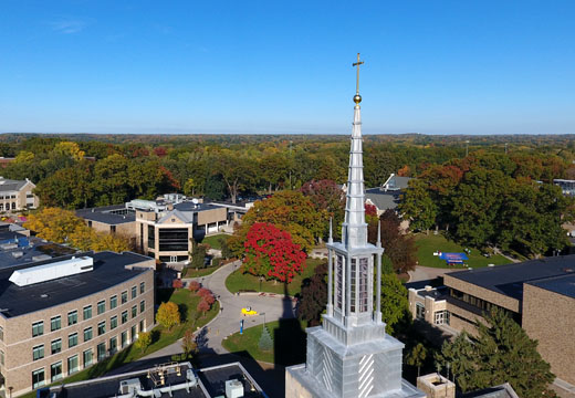 Aerial view of Kearney Hall steeple.