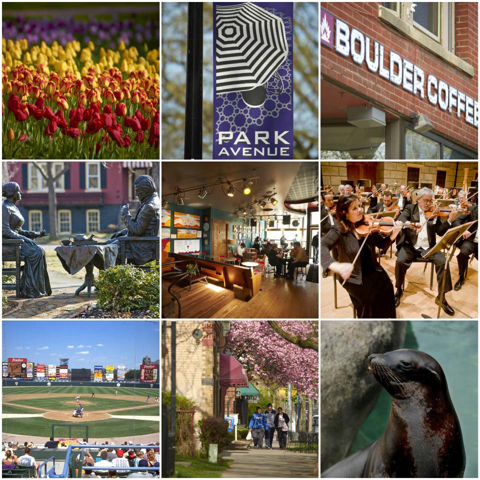 Collage of Rochester landmarks and attractions.