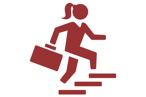 Icon of woman holding a briefcase and running up stairs.