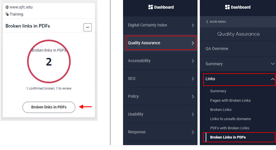 Broken links in PDFs can be accessed from the dashboard (left) or the Quality Assurance menu (right).