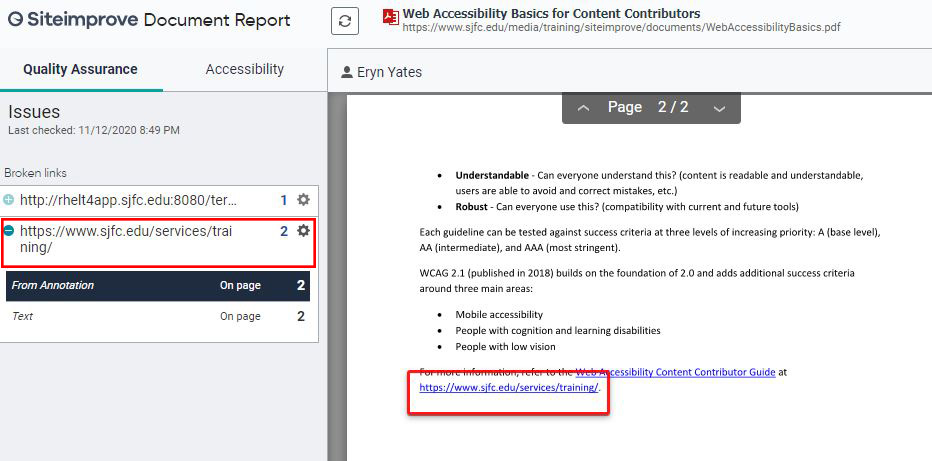 Clicking on the PDF title will open up a Document Report with broken links listed in the Issues panel.