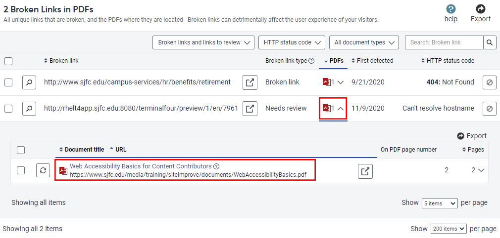 View the PDFs affected by a broken link by clicking on the number or down arrow in the PDFs column.