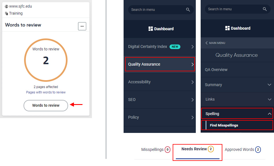 Words to Review can be accessed from the dashboard (left) or the Quality Assurance menu (right).
